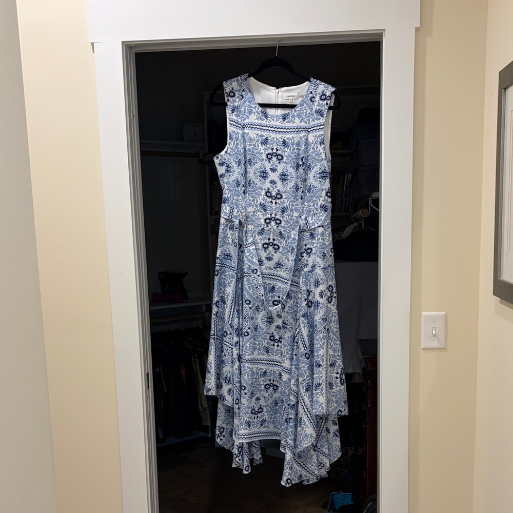 Calvin Klein Blue and White Paisley Asymmetrical Hem Dress